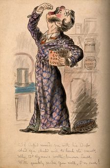 A love sick man taking some of Doctor Hymen's pills to try and cure himself. Creator: Unknown