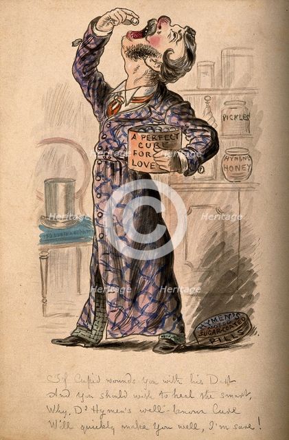 A love sick man taking some of Doctor Hymen's pills to try and cure himself. Creator: Unknown.
