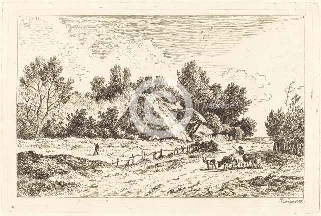 A Low Cottage with a Herdsman Leading His Flock, 1771. Creator: Nicolas Perignon.