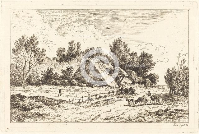 A Low Cottage with a Herdsman Leading His Flock, 1771. Creator: Nicolas Perignon.