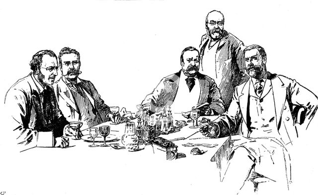 A Luncheon-Table at the Reform Club: Mr. James Payn and four of his friends, 1898. Creator: Unknown.