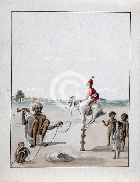 A man conducting a monkey show on the street, watched by some children, (between 1800 and 1899?). Creator: Unknown.