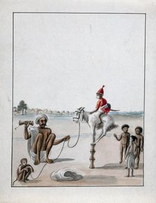A man conducting a monkey show on the street, watched by some children, (between 1800 and 1899?). Creator: Unknown
