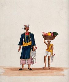 A man carrying two ducks followed by a servant carrying a basket of fruit, (between 1800 and 1899?). Creator: Unknown