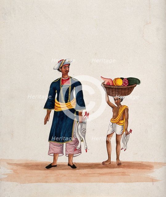 A man carrying two ducks followed by a servant carrying a basket of fruit, (between 1800 and 1899?). Creator: Unknown.