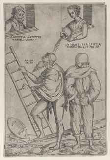 A man climbs a ladder while a woman throws water on him from above, 1575-99. Creator: Giovanni Ambrogio Brambilla