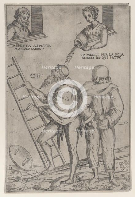 A man climbs a ladder while a woman throws water on him from above, 1575-99. Creator: Giovanni Ambrogio Brambilla.