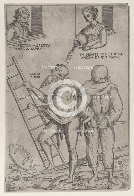 A man climbs a ladder while a woman throws water on him from above, 1575-99. Creator: Giovanni Ambrogio Brambilla.