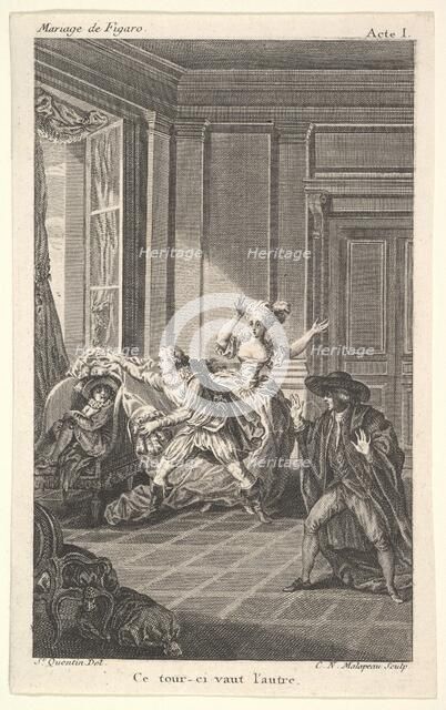 A man curled up in a chair looks toward another man who approaches him from the left i..., ca. 1784. Creator: Claude Nicolas Malapeau.