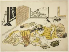 A Man and a Courtesan Watching a Young Man Writing, first sheet of the album "Mountain..., c. 1739. Creator: Okumura Masanobu
