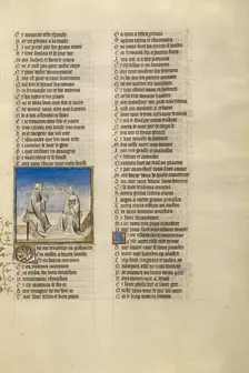 A Man and a Modishly Costumed Woman in Conversation; Roman de la Rose, about 1405. Creator: Unknown