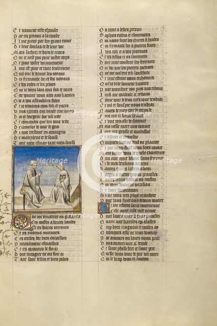 A Man and a Modishly Costumed Woman in Conversation; Roman de la Rose, about 1405. Creator: Unknown.