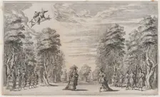 A man and a woman conversing at center, surrounded by a row of young men to the right and ..., 1668. Creator: Mathäus Küsel