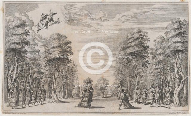 A man and a woman conversing at center, surrounded by a row of young men to the right and ..., 1668. Creator: Mathäus Küsel.