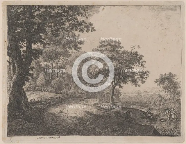 A Man and a Woman Crossing a Stream, 17th century. Creator: Anthonie Waterloo.