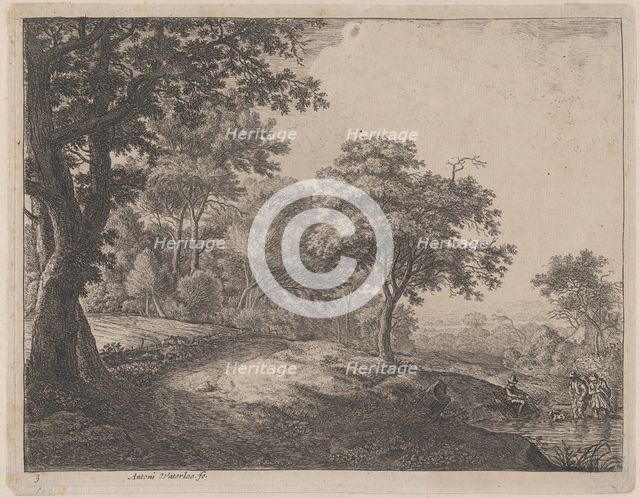 A Man and a Woman Crossing a Stream, 17th century. Creator: Anthonie Waterloo.