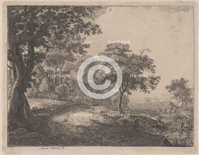 A Man and a Woman Crossing a Stream, 17th century. Creator: Anthonie Waterloo.