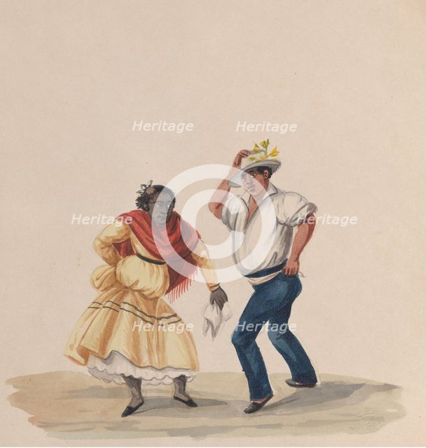 A man and a woman dancing, from a group of drawings depicting Peruvian costume, 1848. Creator: Attributed to Francisco (Pancho) Fierro.