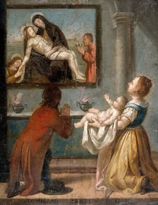 A man and a woman holding a baby before an altar, 18th (?) century. Creator: Unknown