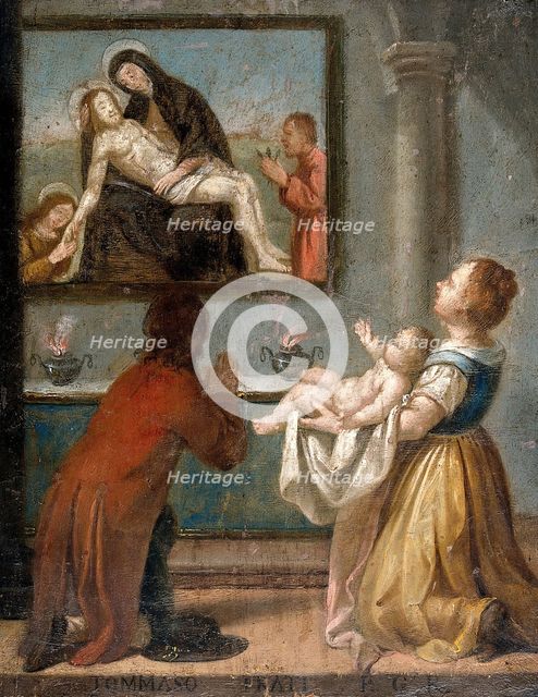 A man and a woman holding a baby before an altar, 18th (?) century. Creator: Unknown.