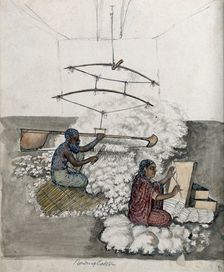 A man and a woman making cotton, (between 1800 and 1899?). Creator: Unknown