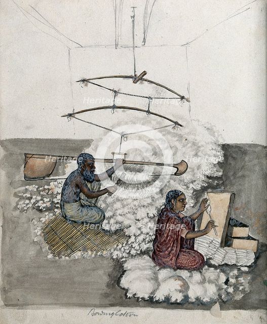 A man and a woman making cotton, (between 1800 and 1899?). Creator: Unknown.