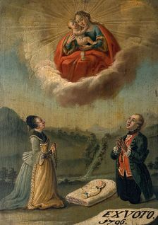 A man and a woman praying to the Virgin and Child for the life of their swaddled baby, 1796. Creator: Unknown
