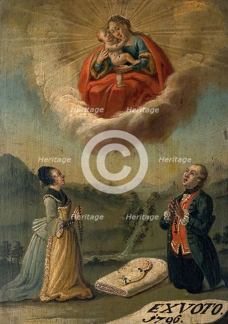 A man and a woman praying to the Virgin and Child for the life of their swaddled baby, 1796. Creator: Unknown.