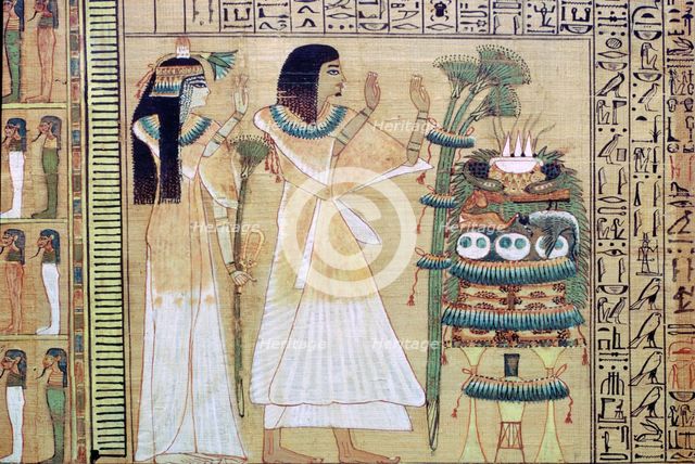 A man and his wife making offerings to Osiris, from the Egyptian Book of the Dead. Artist: Unknown