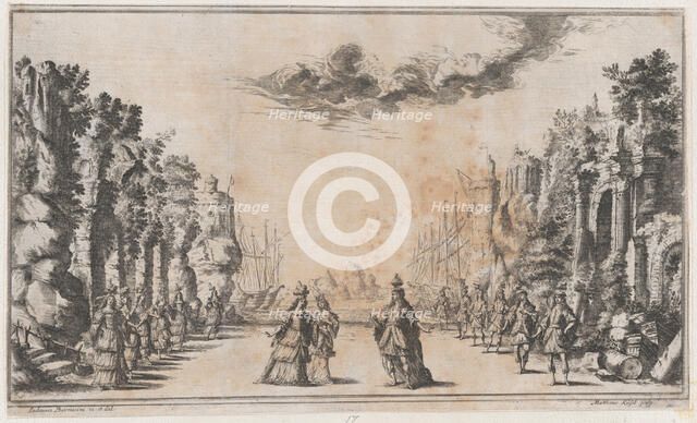 A man and two women conversing at center; young men standing to their right and young wome..., 1668. Creator: Mathäus Küsel.
