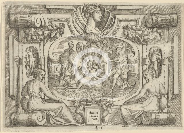 A man and woman offering a platter of coins to a king seated on a throne, set withi..., ca. 1540-80. Creator: Battista del Moro.