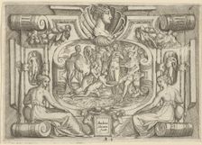 A man and woman offering a platter of coins to a king seated on a throne, set withi..., ca. 1540-80. Creator: Battista del Moro