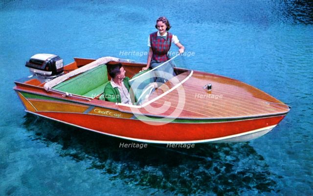 A man and woman in a Carter Craft wooden motor boat, Silver Springs, Florida, USA, 1956. Artist: Unknown