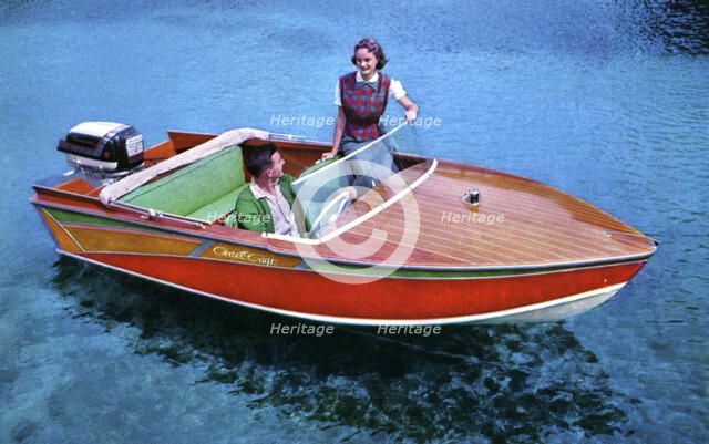 A man and woman in a Carter Craft wooden motor boat, Silver Springs, Florida, USA, 1956. Artist: Unknown