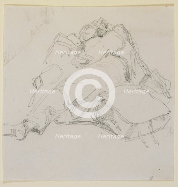 A man asleep on a pile of luggage, 1858. Creator: James Abbott McNeill Whistler.