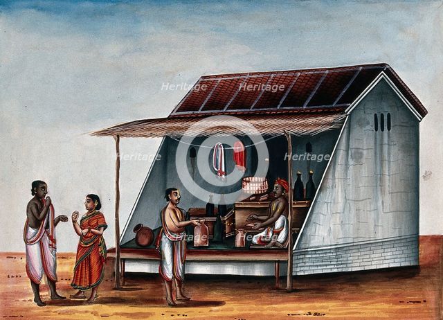 A man at a arrack (a strong alcoholic drink) shop, whilst a couple..., (between 1800 and 1899?). Creator: Unknown.