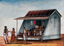 A man at a arrack (a strong alcoholic drink) shop, whilst a couple..., (between 1800 and 1899?). Creator: Unknown