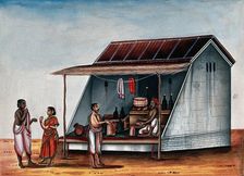 A man at a arrack (a strong alcoholic drink) shop, whilst a couple..., (between 1800 and 1899?). Creator: Unknown