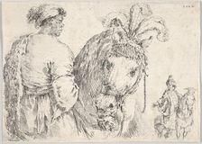 A man at left in profile giving a handful of hay to a horse at center, a horseman to t..., ca. 1662. Creator: Stefano della Bella