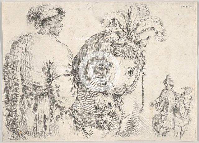 A man at left in profile giving a handful of hay to a horse at center, a horseman to t..., ca. 1662. Creator: Stefano della Bella.