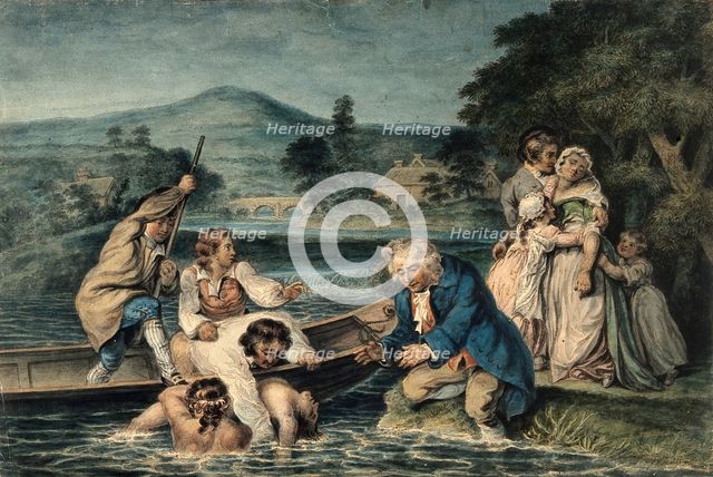 A man being brought in by boat apparently drowned, his wife and family grieve on the shore, c1800s. Creator: Robert Smirke.