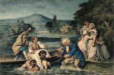 A man being brought in by boat apparently drowned, his wife and family grieve on the shore, c1800s. Creator: Robert Smirke