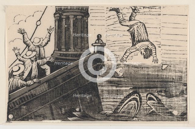 A man being thrown to the sharks, from a broadside entitled 'Triste Fin de Gerard..., ca. 1880-1910. Creator: José Guadalupe Posada.