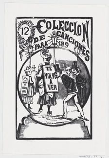 A man bending down to look at a woman with a sign on her back, illustration for ..., ca. 1890. Creator: José Guadalupe Posada