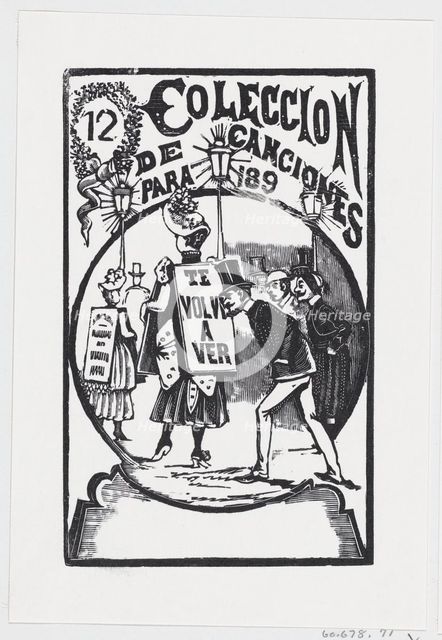 A man bending down to look at a woman with a sign on her back, illustration for '..., ca. 1890. Creator: José Guadalupe Posada.