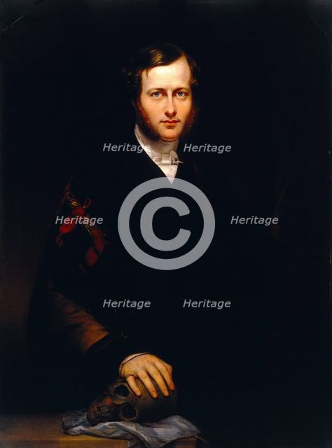 A man (George Dixon Longstaff?) wearing academic robes and holding a skull, 1835. Creator: Carl Schmid.