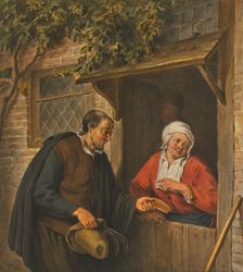 A man gives a piece of cake to a woman standing in the doorway, c18th century Creator: Unknown