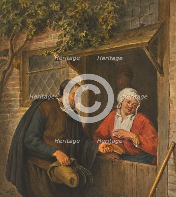 A man gives a piece of cake to a woman standing in the doorway, c18th century Creator: Unknown.