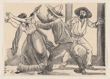 A man grabbing a woman by her sleeve and stabbing her, from a broadside entitled The murd..., 1891. Creator: José Guadalupe Posada