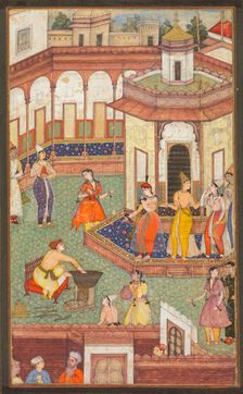 A Man Dips His Hand into a Cauldron as Ladies of the Harem Stand in Amazement..., c. 1600. Creator: Unknown